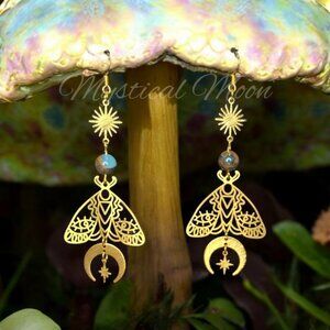 Gothic Moth Dangle Earrings with Crescent Moon and Celestial Stars Lake Blue